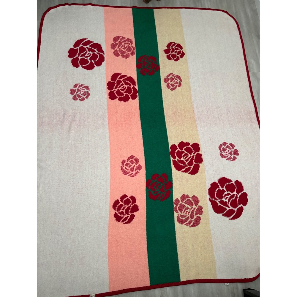 San Marcos Reversible Blanket 93x73 Rose Floral Red Green Vintage Mexican Cobija